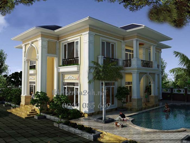 Nhà vuông 2 tầng đơn giản mái bằng 