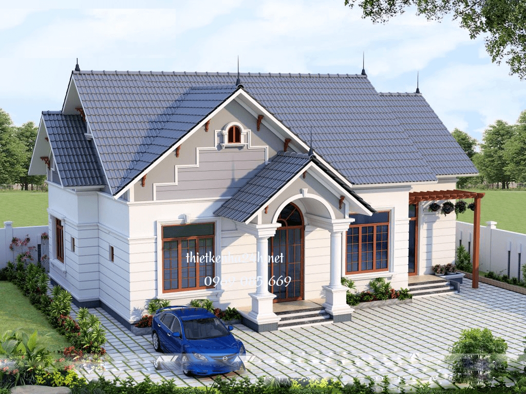 Tham khảo mẫu nhà vườn theo phong cách hiện đại xen tân cổ điển với mái giật cấp đặc biệt ấn tượng 