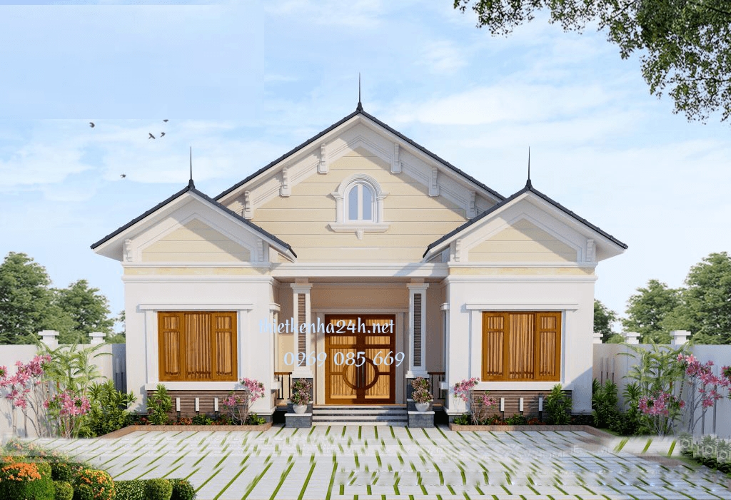 Thiết kế đẹp mắt, sang trọng với sân phía trước rộng rãi của mẫu nhà mái thái 1 tầng 3 phòng ngủ 