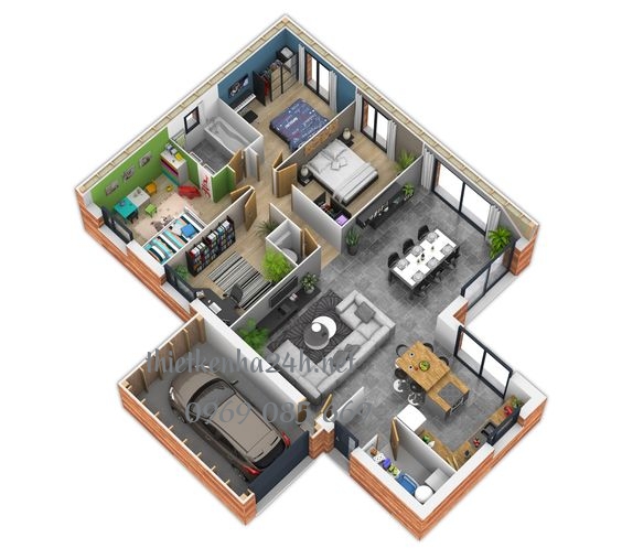 Thiết kế nhà 1 tầng 80m2 với 3 phòng ngủ kết hợp với gara oto theo phong cách hiện đại 