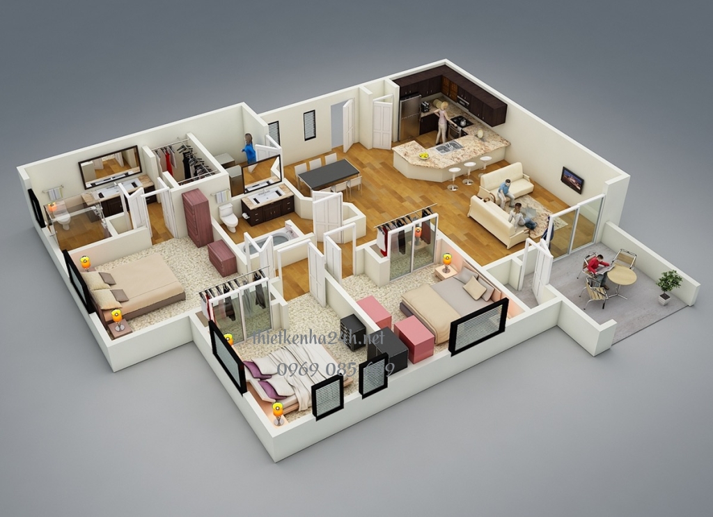 Bạn có thể tham khảo mặt bằng thiết kế của mẫu nhà 1 tầng có 3 phòng ngủ hiện đại kết hợp với không gian xanh thư giãn phía ngoài 