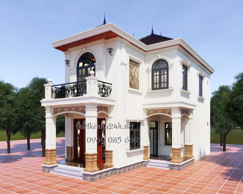 Ban c&ocirc;ng tầng 2 được trang tr&iacute; bằng lan can sắt m&agrave;u đen