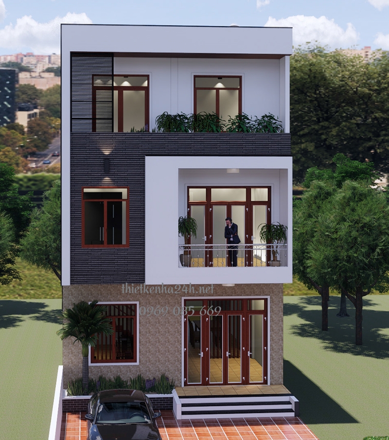 Toàn bộ mặt tường của tầng 1 được trang trí bằng gạch lát