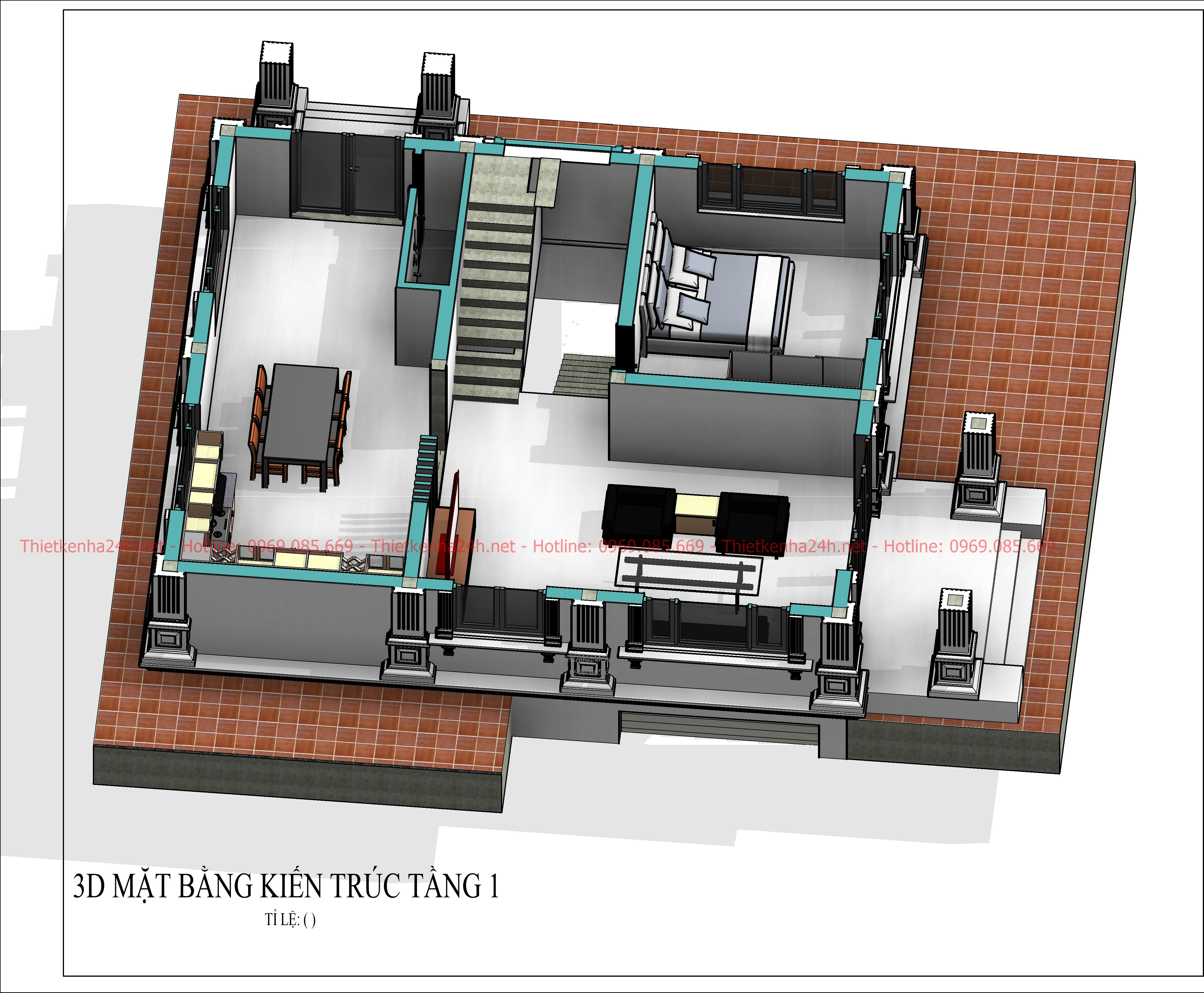 Dựng h&igrave;nh 3D mặt bằng kiến tr&uacute;c tầng 1