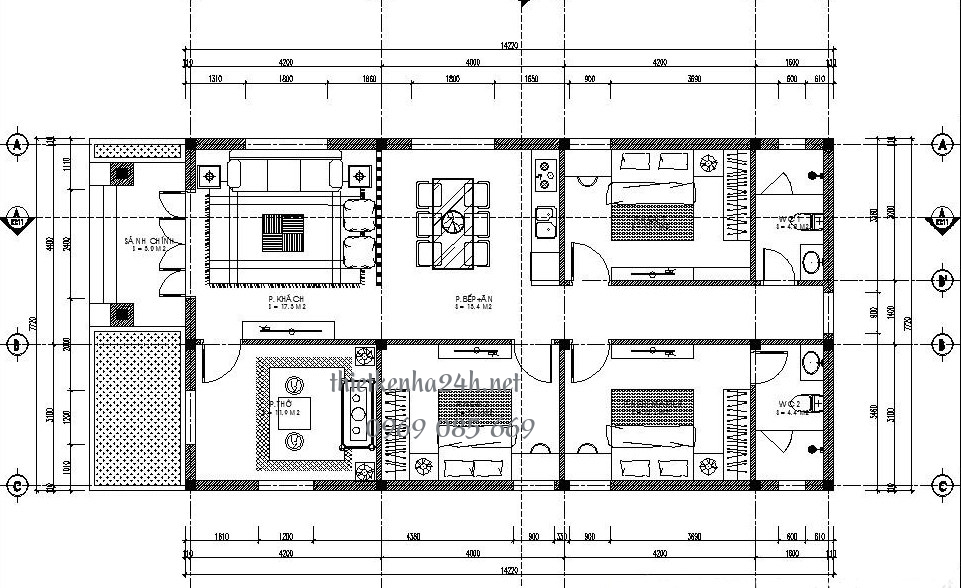 Bản vẽ nhà ống cấp 4 mái thái có 3 phòng ngủ và 1 phòng thờ 