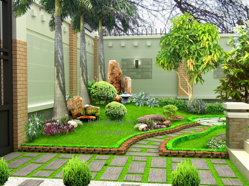 Độc đáo với mẫu sân vườn tiểu cảnh với lối đi có quy tắc