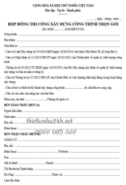 Mẫu hợp đồng xây nhà trọn gói 