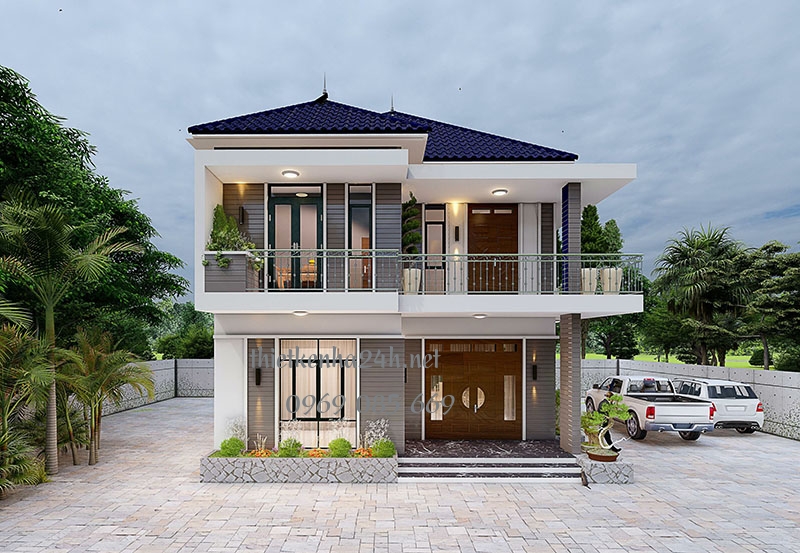 Mặt tiền ấn tượng với khoảng tường ốp gạch thẻ tone trầm 