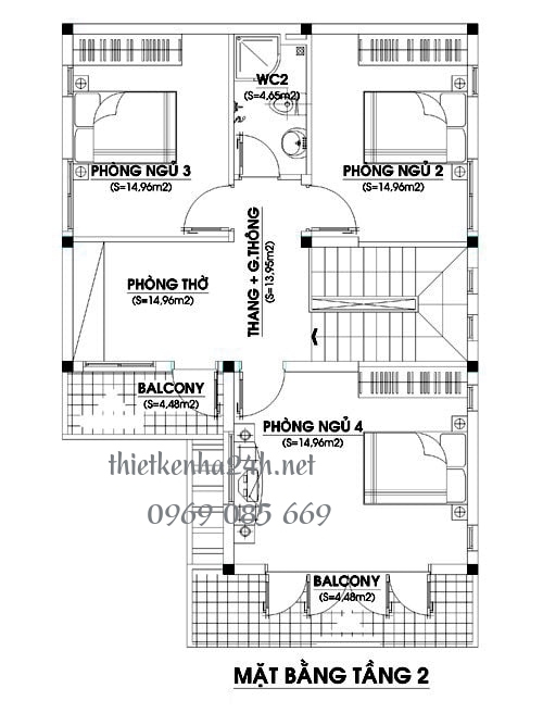Mặt bằng nhà biệt thự 2 tầng 80m2 4 phòng ngủ