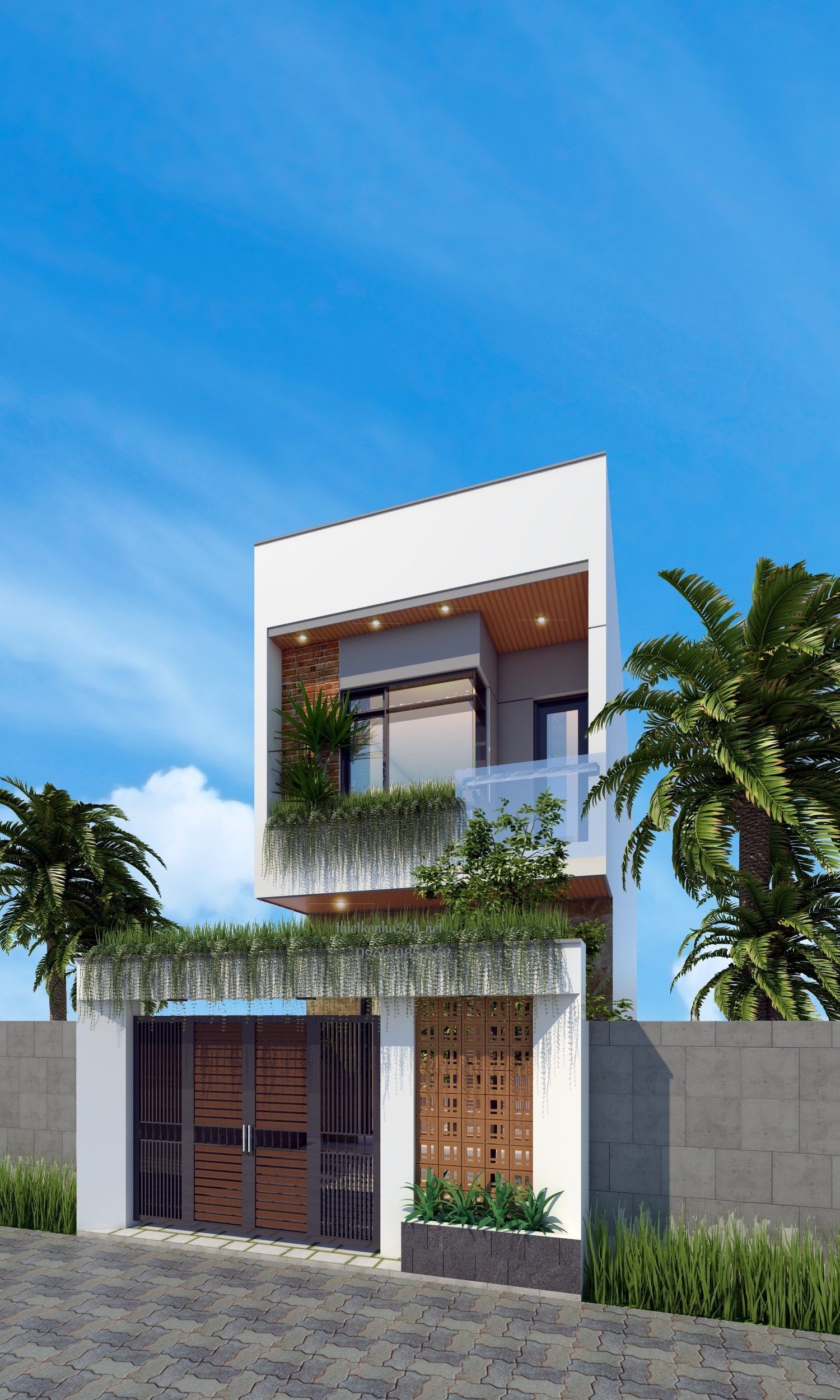 Mẫu nhà ống 2 tầng mái bằng hoà hợp với không gian thiên nhiên 