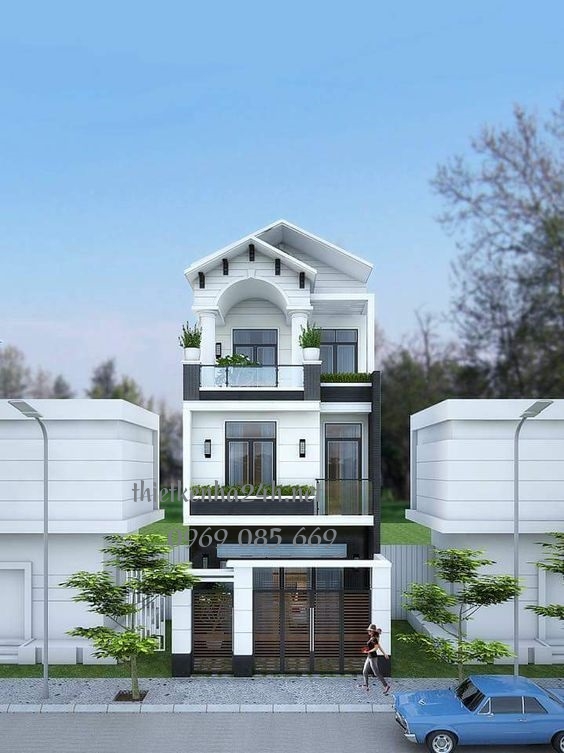 Nhà mái thái kết hợp với các ô cửa kính tạo nên sự hiện đại và truyền thống 