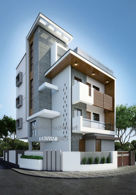 Mặt tiền nhà kết hợp với chất liệu gạch ốp và các chi tiết trang trí khá cầu kỳ, đẹp mắt 
