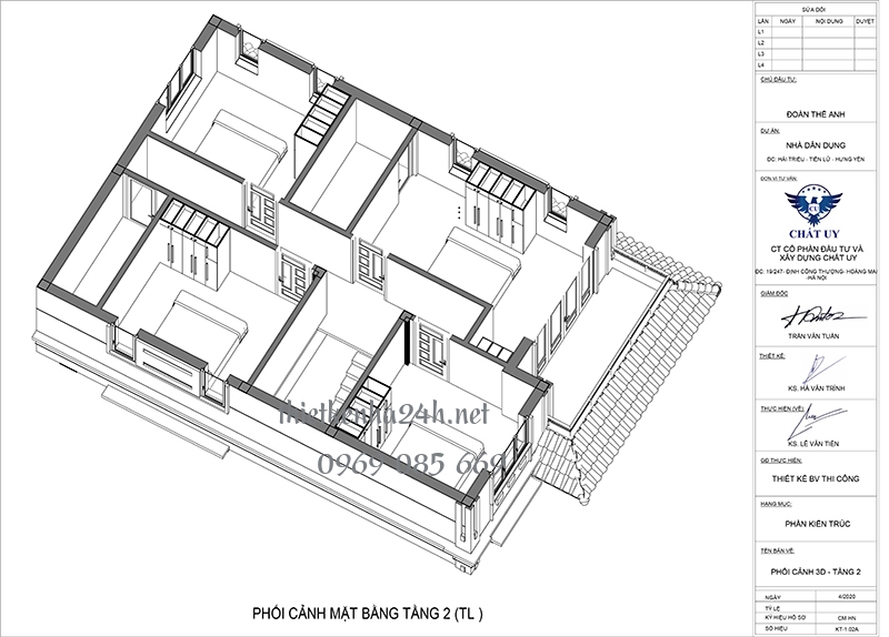 Phối cảnh 3D tầng 2 biệt thự 2 tầng hiện đại tại Hưng Y&ecirc;n