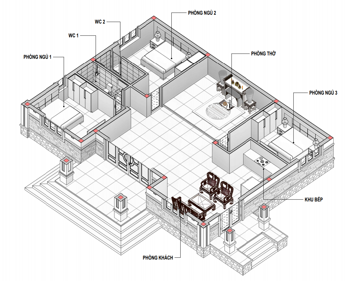 Bản vẽ 3D mẫu nh&agrave; cấp 4&nbsp;