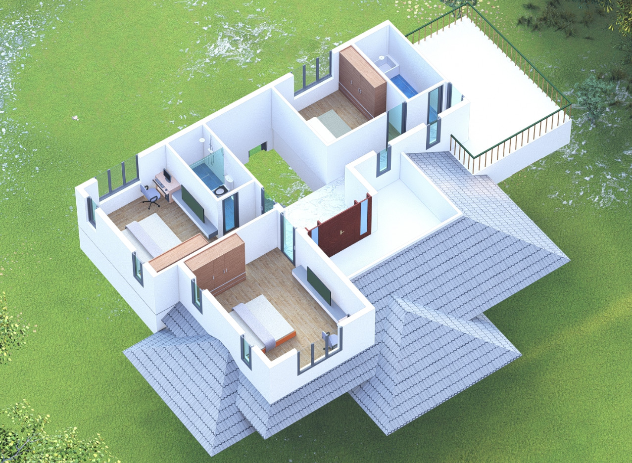 Phối cảnh 3D tầng 2 biệt thự m&aacute;i Nhật 2 tầng&nbsp;