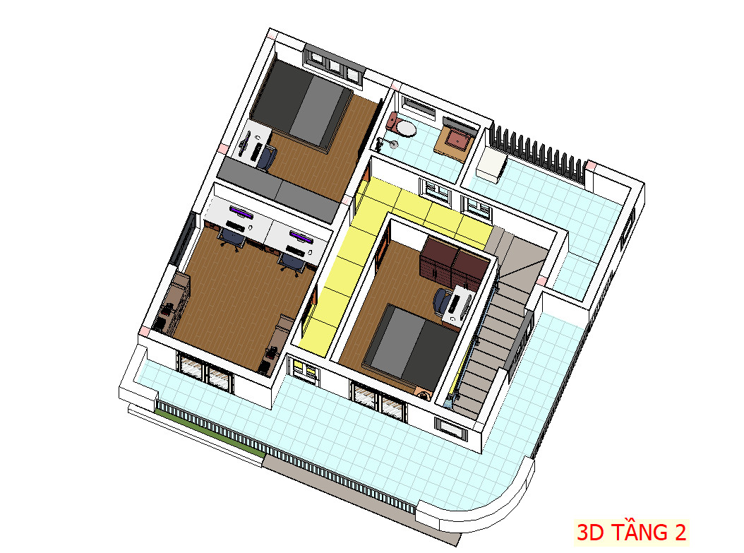 Bản vẽ phối cảnh 3D tầng 2 mẫu nhà 2 tầng 