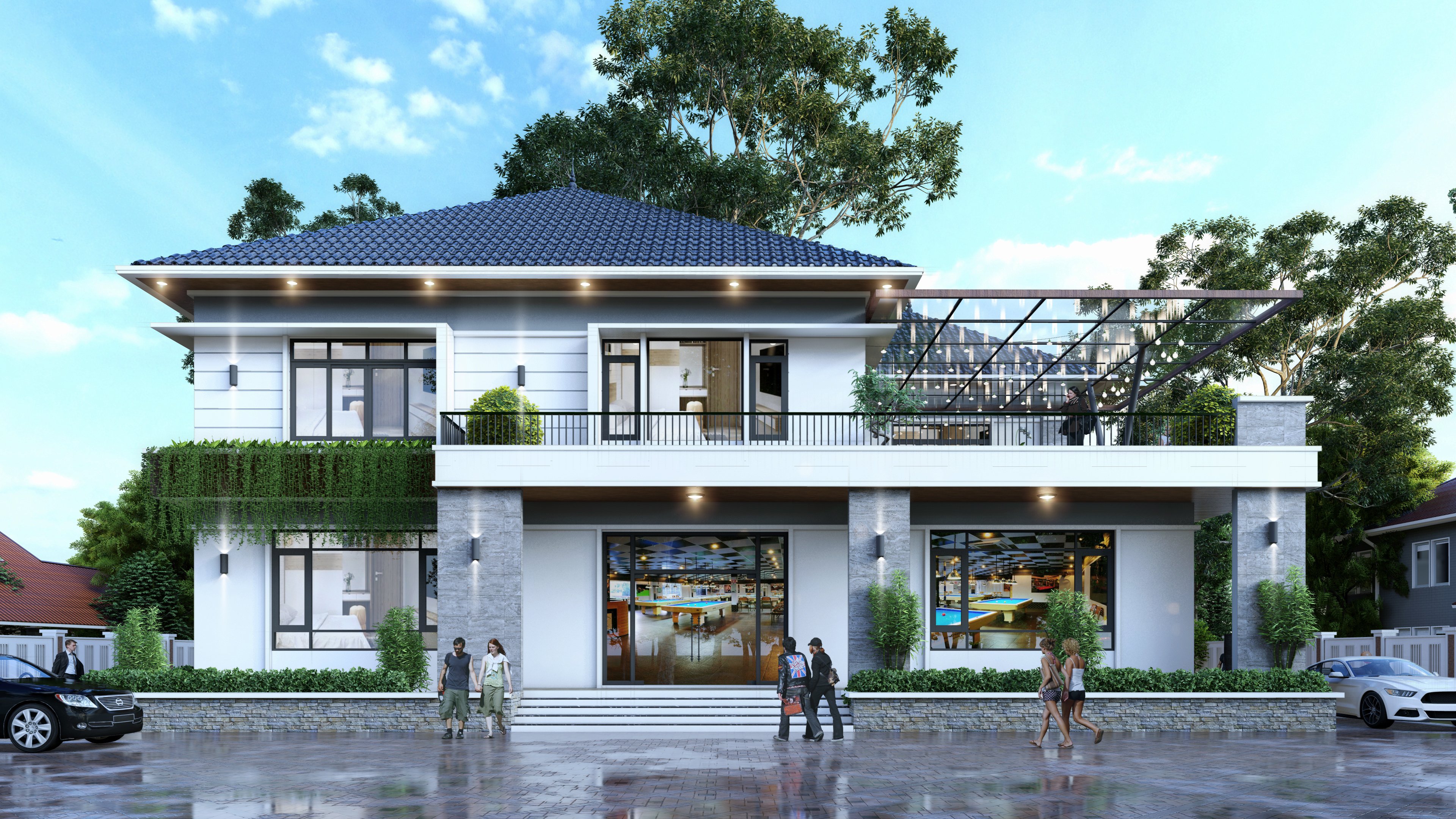 Chi&ecirc;m ngưỡng thiết kế c&ocirc;ng tr&igrave;nh nh&agrave; m&aacute;i Nhật hai tầng kết hợp kinh doanh X&acirc;y dựng nh&agrave; m&aacute;i nhật vừa đảm bảo yếu tố thẩm mỹ, hiện đại vừa tiết kiệm được chi ph&iacute; x&acirc;y dựng ở phần m&aacute;i kh&aacute; nhiều. C&ocirc;ng tr&igrave;nh nh&agrave; m&aacute;i Nhật 2 tầng dưới đ&acirc;y được Chất Uy thực hiện tại Ninh B&igrave;nh, kết hợp kinh doanh v&agrave; nh&agrave; ở rất tiện nghi. C&ugrave;ng kh&aacute;m ph&aacute; ngay thiết kế dưới đ&acirc;y nh&eacute; 1. Phối cảnh tổng quan v&agrave; thiết kế ngoại thất c&ocirc;ng tr&igrave;nh 1.1 Phong c&aacute;ch thiết kế ph&ugrave; hợp với mục ti&ecirc;u kinh doanh Đối với c&aacute;c thiết kế nh&agrave; ở kết hợp với kinh doanh, lựa chọn phong c&aacute;ch thiết kế l&agrave; điều cần ch&uacute; &yacute; đầu ti&ecirc;n. V&igrave; phong c&aacute;ch kiến tr&uacute;c sẽ ảnh hưởng nhiều đến chi ph&iacute; x&acirc;y dựng. Nếu lựa chọn kiến tr&uacute;c t&acirc;n cổ điền, ch&uacute; trọng hoa văn, sang trọng th&igrave; chi ph&iacute; x&acirc;y dựng sẽ nhiều hơn so với phong c&aacute;ch hiện đại. Ở c&ocirc;ng tr&igrave;nh n&agrave;y, đội ngũ kiến tr&uacute;c sư l&ecirc;n &yacute; tưởng thiết kế theo mong muốn của gia chủ: hiện đại, tinh tế nhưng vẫn đảm bảo sự sang trọng v&agrave; nổi bật. Phong c&aacute;ch thiết kế hiện đại ấn tượng, đẹp mắt 1.2 Thiết kế mặt tiền nổi bật Đối với c&aacute;c c&ocirc;ng tr&igrave;nh kết hợp kinh doanh th&igrave; mặt tiền l&agrave; vấn đề rất quan trọng, l&agrave; yếu tố m&agrave; người ngo&agrave;i nh&igrave;n v&agrave;o, thu h&uacute;t kh&aacute;ch h&agrave;ng. Đối với c&ocirc;ng tr&igrave;nh n&agrave;y, KTS tập trung v&agrave;o từng chi tiết nhỏ. Từ c&aacute;c đường ph&agrave;o chỉ tường cho đến việc kết hợp c&aacute;c chất liệu sử dụng, tổng thể tạo n&ecirc;n sự h&agrave;i ho&agrave;. C&aacute;c mảng khối, chi tiết trang tr&iacute; cũng rất sắc n&eacute;t, c&acirc;n xứng. Thiết kế mặt tiền nổi bật, thu h&uacute;t Với mục đ&iacute;ch kinh doanh n&ecirc;n thiết kế sử dụng to&agrave;n bộ hệ cửa k&iacute;nh, vừa gi&uacute;p kh&ocirc;ng gian b&ecirc;n trong được s&aacute;ng hơn, tận dụng được nguồn &aacute;nh s&aacute;ng tự nhi&ecirc;n b&ecirc;n ngo&agrave;i. Hệ cửa k&iacute;nh gi&uacute;p cho c&ocirc;ng tr&igrave;nh tận dụng được tối đa nguồn s&aacute;ng tự nhi&ecirc;n 1.3 C&ocirc;ng tr&igrave;nh th&acirc;n thiện, h&agrave;i h&ograve;a với thi&ecirc;n nhi&ecirc;n Mẫu thiết kế nh&agrave; m&aacute;i Nhật Với mặt tiền tho&aacute;ng đ&atilde;ng, b&ecirc;n cạnh đ&oacute; cũng tận dụng c&aacute;c khoảng trống để trồng c&acirc;y, trang tr&iacute; th&ecirc;m cho kh&ocirc;ng gian được xanh hơn, h&agrave;i h&ograve;a với thi&ecirc;n nhi&ecirc;n. Với t&ocirc;ng m&agrave;u trắng, xanh v&agrave; ba l&agrave;m chủ đạo, nhấn nhả th&ecirc;m c&aacute;c mạng đ&atilde; trang tr&iacute; ở mặt tiền gi&uacute;p cho kh&ocirc;ng gian đẹp v&agrave; bắt mắt hơn rất nhiều. Tận dụng c&aacute;c diện t&iacute;ch để trồng c&acirc;y xanh Thiết kế m&aacute;i Nhật theo phong c&aacute;ch truyền thống, tiết kiệm chi ph&iacute; 2. Bố tr&iacute; c&ocirc;ng năng nh&agrave; m&aacute;i Nhật 2 tầng tại Ninh B&igrave;nh 2.1 Bố tr&iacute; c&ocirc;ng năng tầng 1 Tầng một được bố tr&iacute; mặt bằng kinh doanh n&ecirc;n mặt bằng rộng r&atilde;i, kh&ocirc;ng c&oacute; c&aacute;c s&aacute;ch ngăn cản trở. từ sảnh ch&iacute;nh đi v&agrave;o l&agrave; kh&ocirc;ng gian kinh doanh, b&ecirc;n cạnh ph&iacute;a cầu thang c&oacute; một ph&ograve;ng ngủ với nh&agrave; vệ sinh kh&eacute;p k&iacute;n kh&aacute; rộng r&atilde;i. Ngo&agrave;i ra kh&ocirc;ng gian n&agrave;y cũng bố tr&iacute; hai nh&agrave; vệ sinh để ph&ugrave; hợp với c&ocirc;ng việc kinh doanh. Bố tr&iacute; c&ocirc;ng năng tầng 1 2.2 Bố tr&iacute; c&ocirc;ng năng tầng 2 Tầng hai l&agrave; kh&ocirc;ng gian nh&agrave; ở của gia chủ. V&igrave; diện t&iacute;ch c&ocirc;ng tr&igrave;nh kh&aacute; rộng n&ecirc;n bố tr&iacute; cũng kh&ocirc;ng qu&aacute; kh&oacute; khăn, c&aacute;c ph&ograve;ng chức năng cũng rộng r&atilde;i. Với thiết kế ph&ograve;ng kh&aacute;ch kết hợp ph&ograve;ng thờ, ph&ograve;ng bếp kết hợp nh&agrave; ăn v&agrave; bốn ph&ograve;ng ngủ. B&ecirc;n cạnh đ&oacute; l&agrave; khoảng ban c&ocirc;ng rộng r&atilde;i để thư gi&atilde;n, c&oacute; thể đặt b&agrave;n tr&agrave; hoặc d&ugrave;ng l&agrave;m kh&ocirc;ng gian phơi ph&oacute;ng đều được. Từ cầu thang đi l&ecirc;n, kh&ocirc;ng gian ph&ograve;ng kh&aacute;ch kết hợp ph&ograve;ng thường được đặt ở trung t&acirc;m của mặt bằng. Ph&ograve;ng kh&aacute;ch v&agrave; ph&ograve;ng ăn ngăn c&aacute;ch với nhau bởi v&aacute;ch ngăn gỗ. Kh&ocirc;ng chỉ gi&uacute;p kh&ocirc;ng gian mềm mại m&agrave; c&ograve;n tiết kiệm được diện t&iacute;ch sử dụng rất nhiều. Khu vực nh&agrave; tắm v&agrave; nh&agrave; vệ sinh sử dụng chung được đặt ở một g&oacute;c của ng&ocirc;i nh&agrave; đảm bảo phong thủy. Trong 3 ph&ograve;ng ngủ, c&oacute; 1 ph&ograve;ng ngủ master được thiết kế kh&eacute;p k&iacute;n. Bố tr&iacute; c&ocirc;ng năng tầng 2 rộng r&atilde;i, tho&aacute;ng đ&atilde;ng Nh&igrave;n chung, ch&uacute;ng ta c&oacute; thể thấy được thiết kế nh&agrave; m&aacute;i Nhật 2 tầng kết hợp kinh doanh n&agrave;y v&ocirc; c&ugrave;ng tinh tế, th&ocirc;ng minh. Kết hợp giữa phong c&aacute;ch hiện đại nhưng vẫn giữ được n&eacute;t truyền thống, tận dụng hết diện t&iacute;ch để tối ưu h&oacute;a c&ocirc;ng năng sử dụng. Đội ngũ kiến tr&uacute;c sư tại Chất UY đ&atilde; l&agrave;m h&agrave;i l&ograve;ng ra ch&uacute; với mẫu thiết kế n&agrave;y.